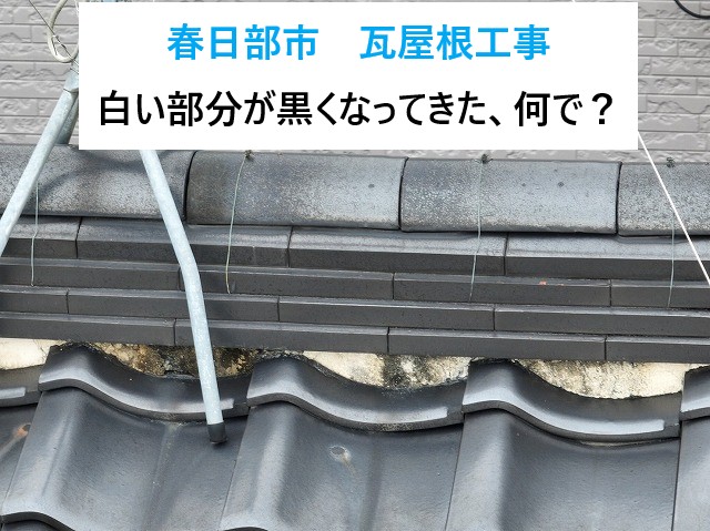 春日部市　瓦屋根工事！白い部分が黒くなってきた、何で？～漆喰詰め直し工事～