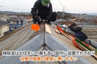 棟板金部分交換工事を実施しました。今にも飛んでしまいそうな棟板金をしっかり固定！