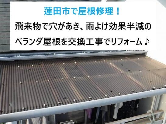 蓮田市で波板交換工事！飛来物で穴があき、雨よけ効果半減のベランダ屋根を綺麗にリフォーム♪