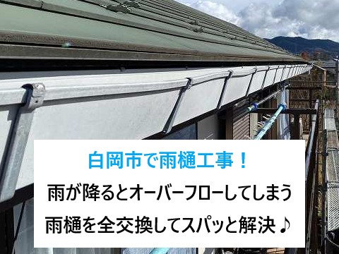 白岡市で雨樋工事！雨が降るとオーバーフローしてしまう雨樋を全交換してスパッと解決♪